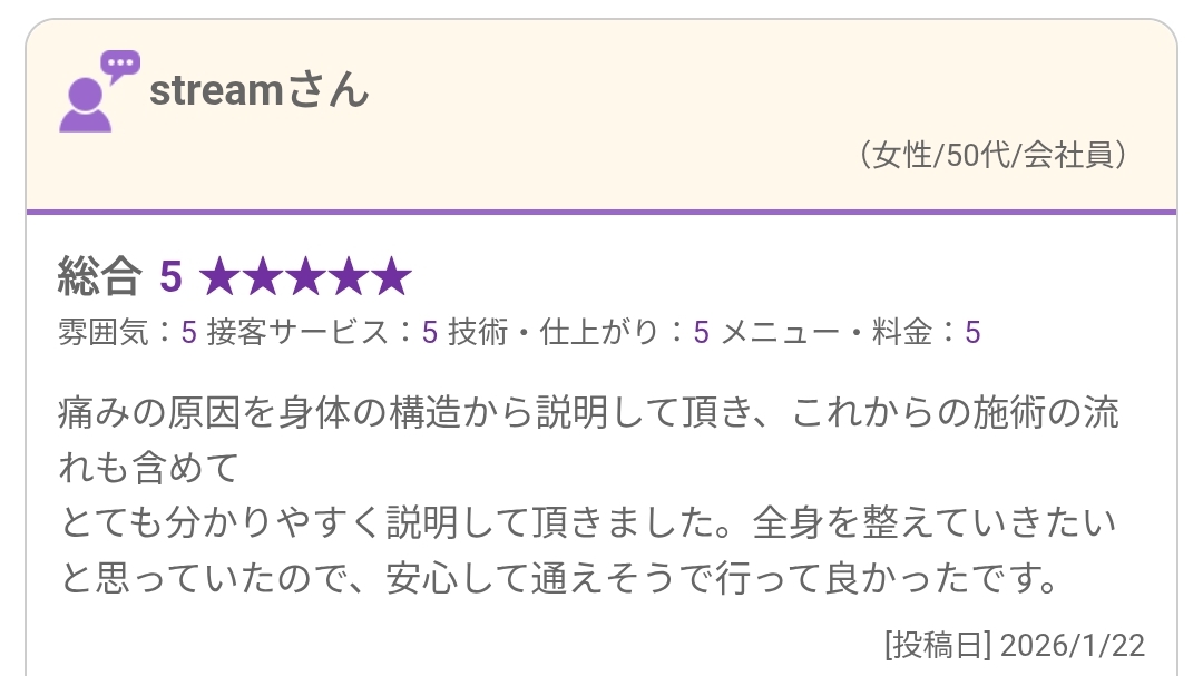 身体についての説明と今後の施術の流れを分かりやすく聞けたと述べる口コミ原画像(2026年1月22日投稿)